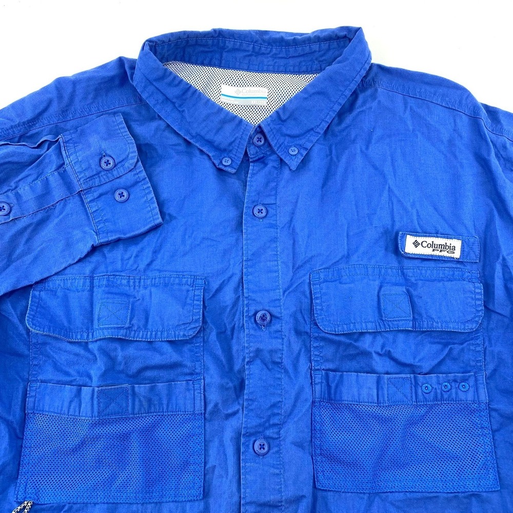 Columbia PFG Fishing Shirt Long Sleeve Blue XXL Vented Sun Protection Cotton
